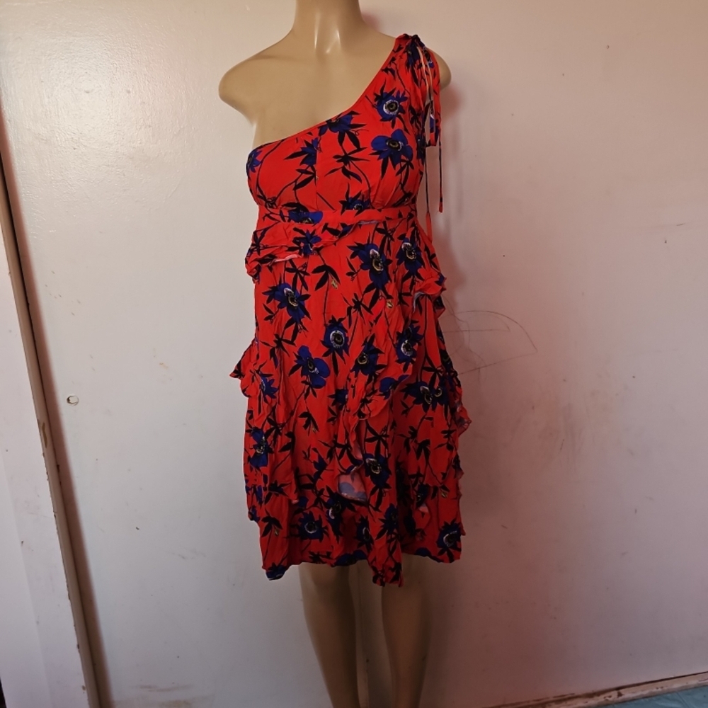H&M Red and Blue One-Shoulder Midi Dress
